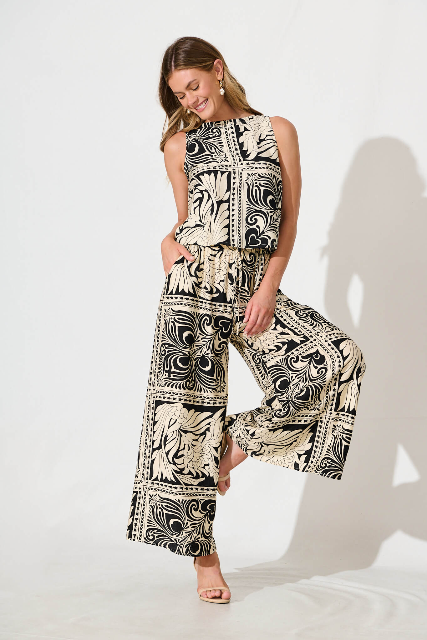 Ronnie Top in Black with Cream Tile Print