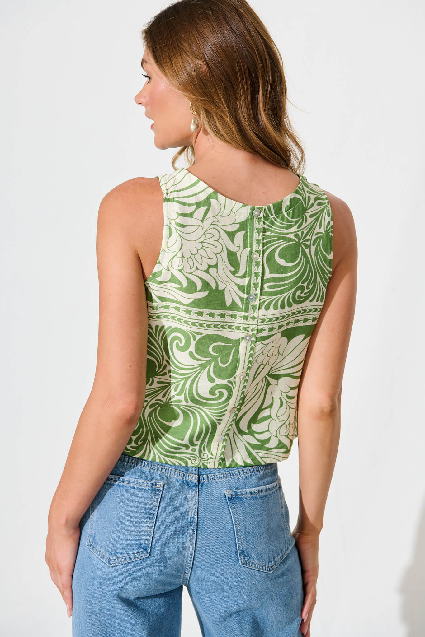 Ronnie Top in Green with White Tile Print
