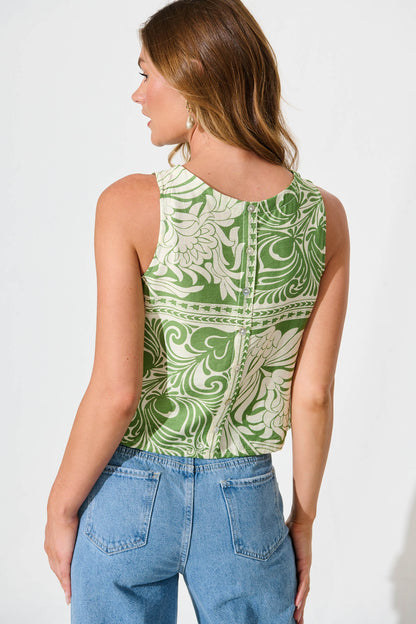 Ronnie Top in Green with White Tile Print