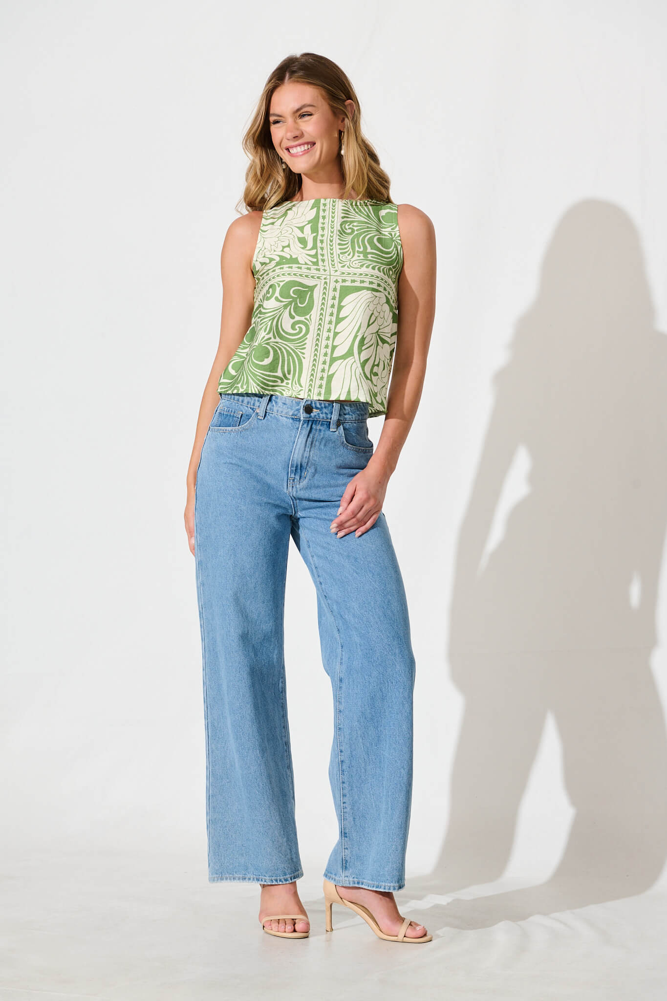 Ronnie Top in Green with White Tile Print