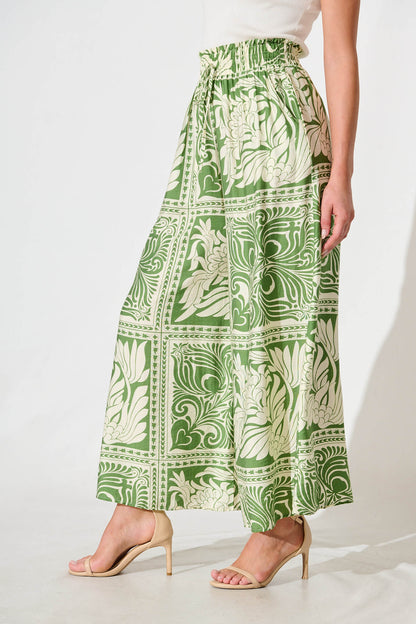 Goldie Wide Leg Pant in Green and White Tile Print