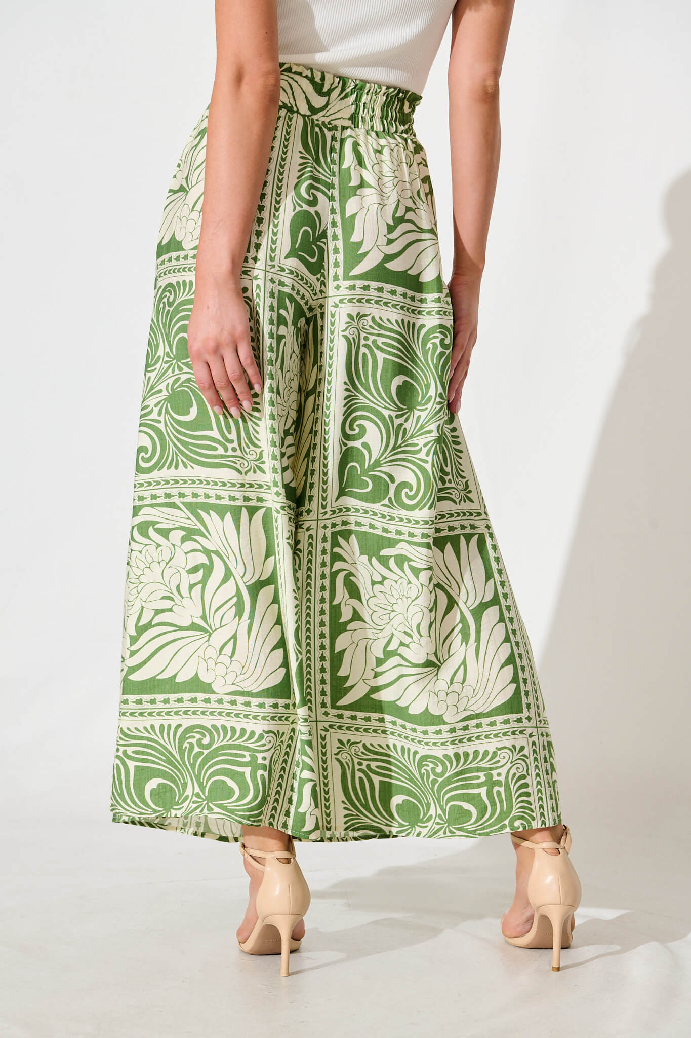 Goldie Wide Leg Pant in Green and White Tile Print
