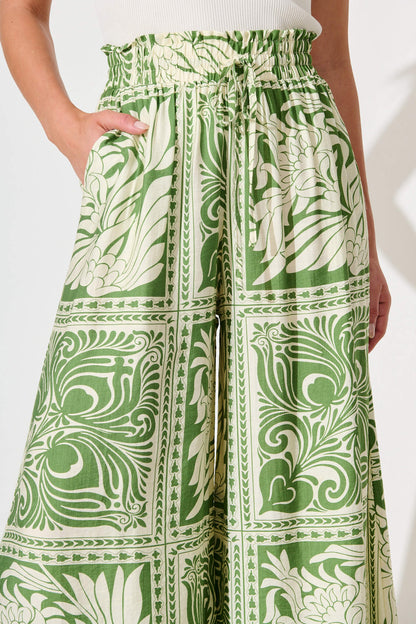 Goldie Wide Leg Pant in Green and White Tile Print