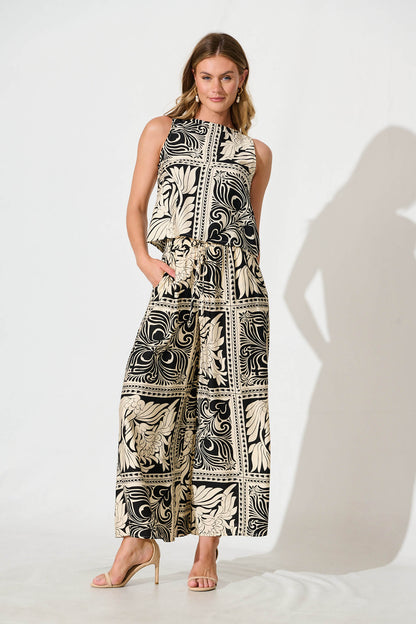 Goldie Wide Leg Pant in Black with Cream Tile Print