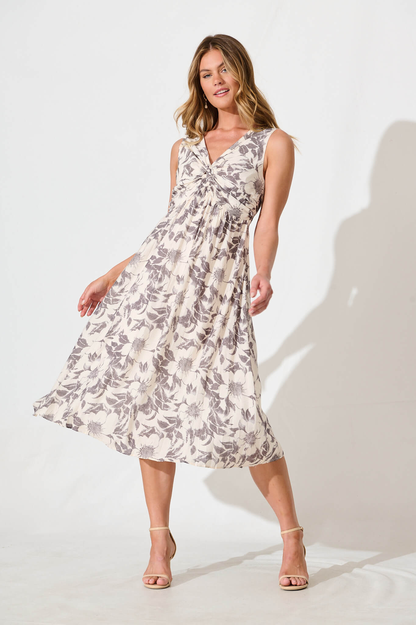 Xanthia Midi Dress in White with Black Flower