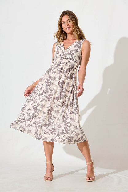 Xanthia Midi Dress in White with Black Flower