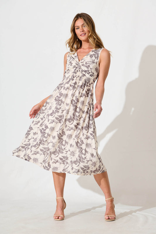 Xanthia Midi Dress in White with Black Flower