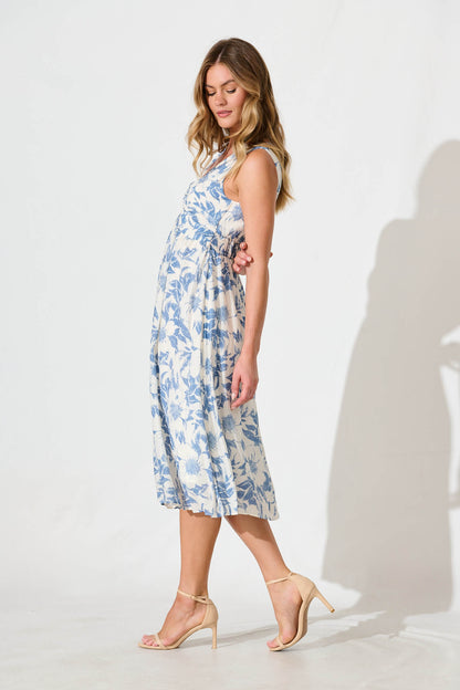 Xanthia Midi Dress in White with Blue Flower