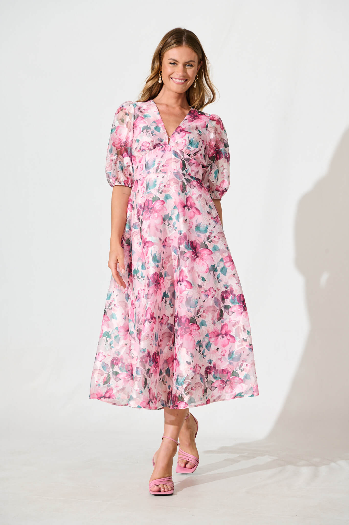 PRE ORDER Opulence Midi Dress in Multi Pink Floral Organza