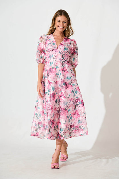 PRE ORDER Opulence Midi Dress in Multi Pink Floral Organza