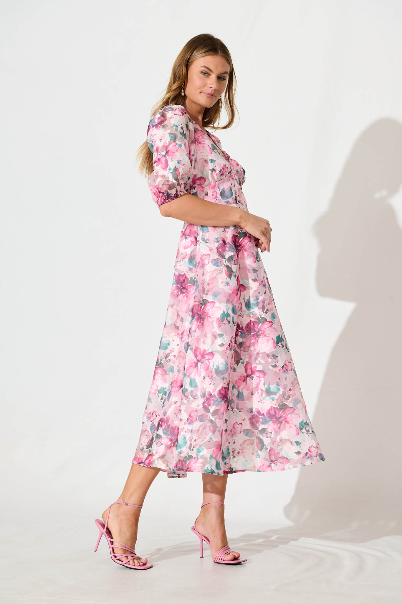 PRE ORDER Opulence Midi Dress in Multi Pink Floral Organza