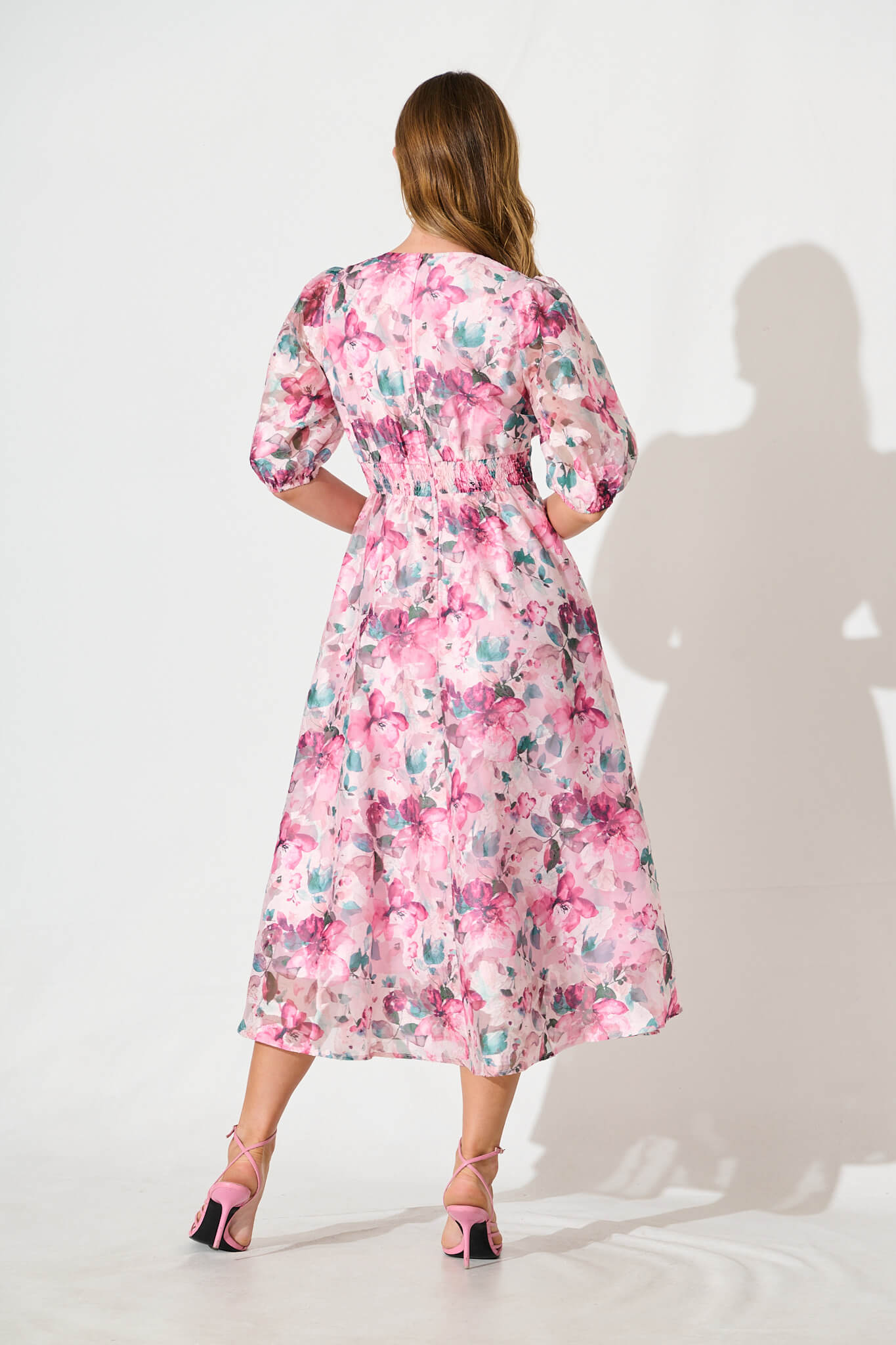 PRE ORDER Opulence Midi Dress in Multi Pink Floral Organza
