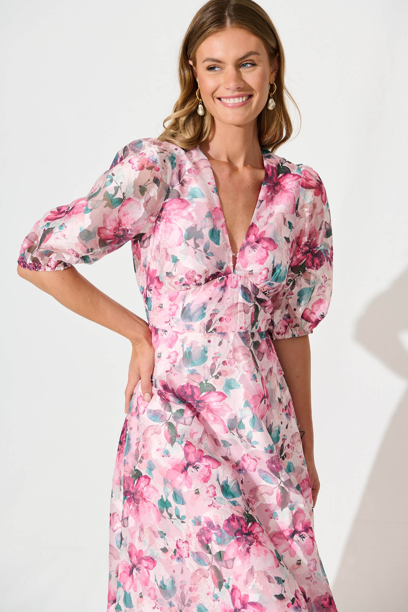 PRE ORDER Opulence Midi Dress in Multi Pink Floral Organza