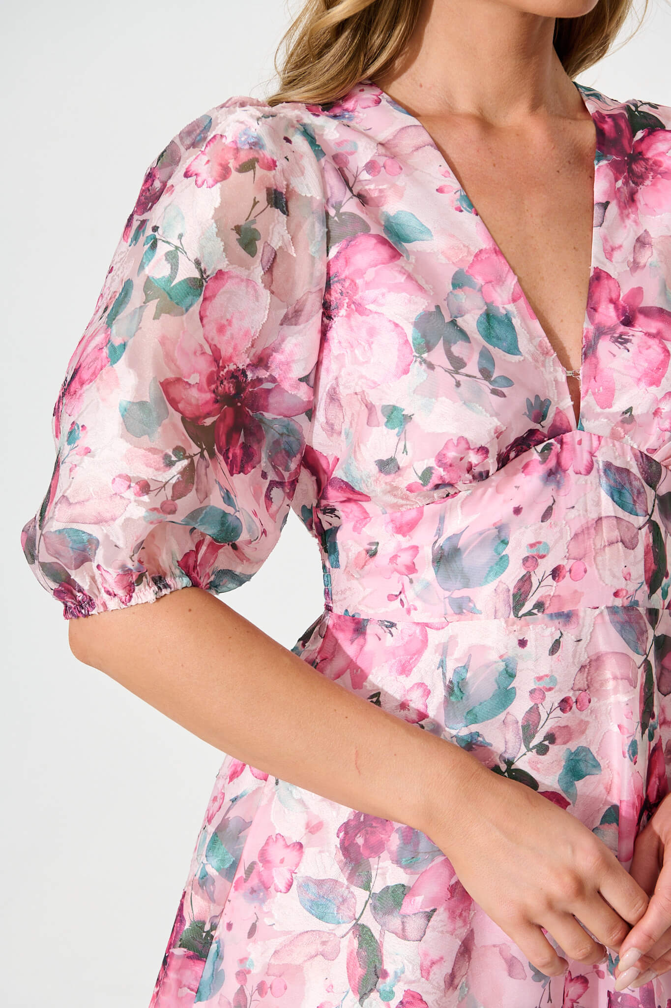 PRE ORDER Opulence Midi Dress in Multi Pink Floral Organza