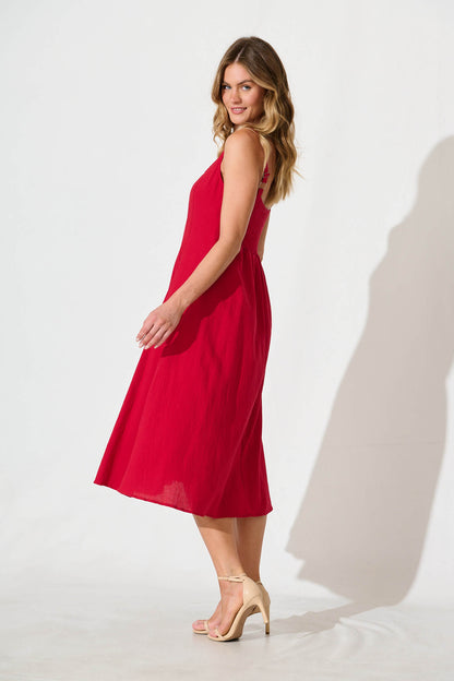 Shaima Midi Sundress in Red Cotton