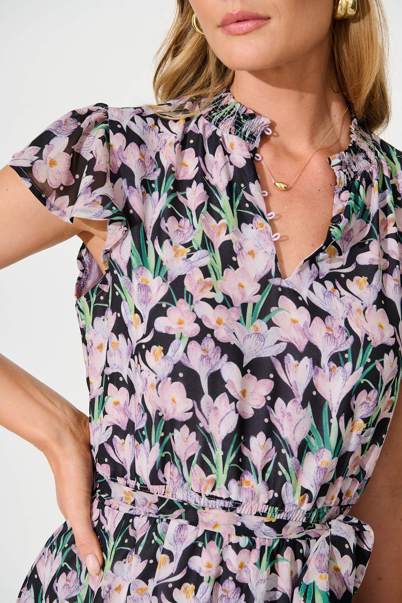 Altman Dress in Black with Lilac Floral Chiffon