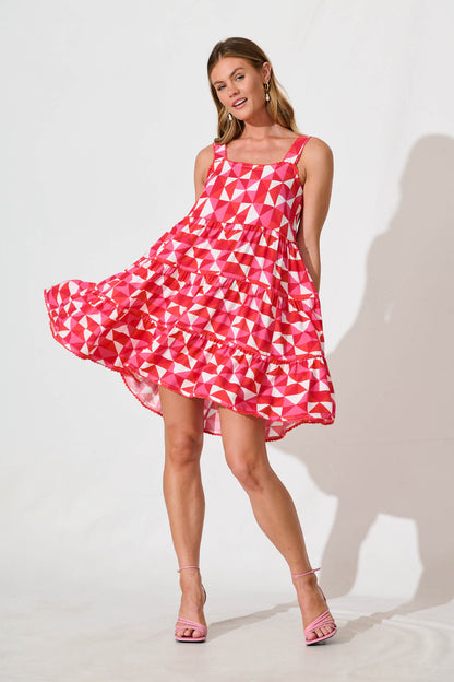 Coastal Sundress In Pink and Red Geometric