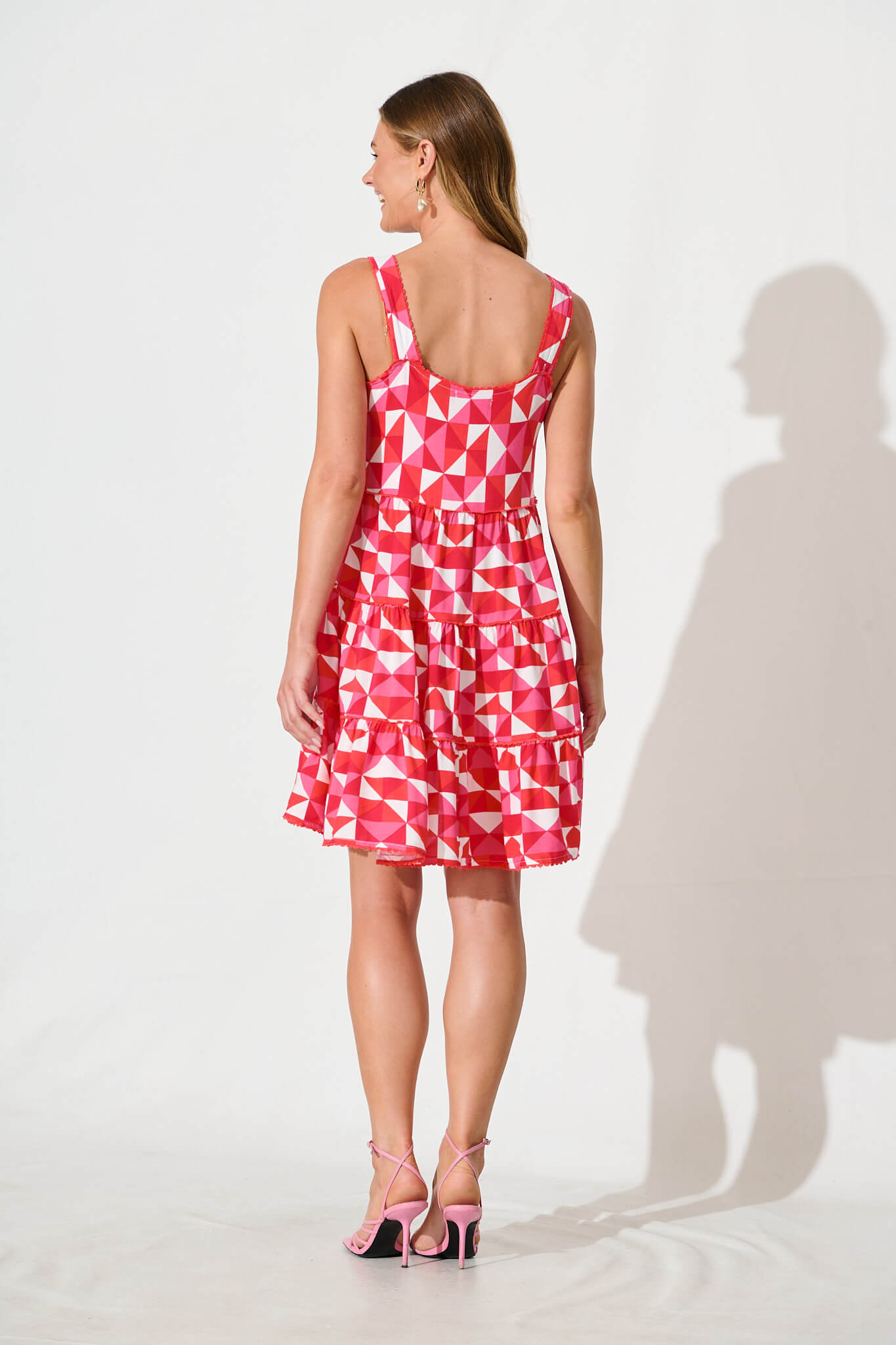 Coastal Sundress In Pink and Red Geometric