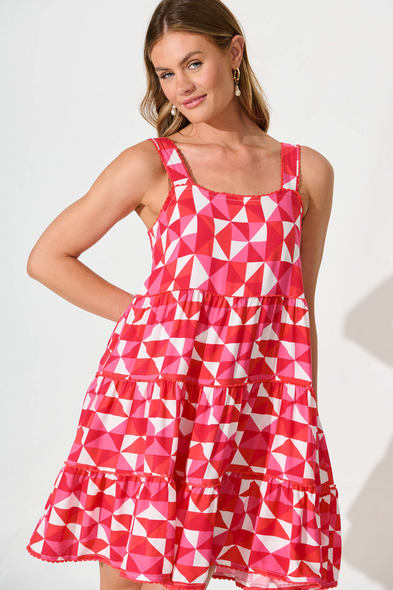 Coastal Sundress In Pink and Red Geometric