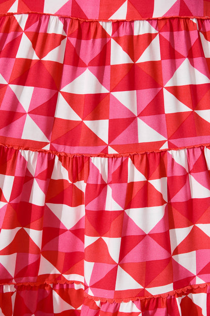 Coastal Sundress In Pink and Red Geometric