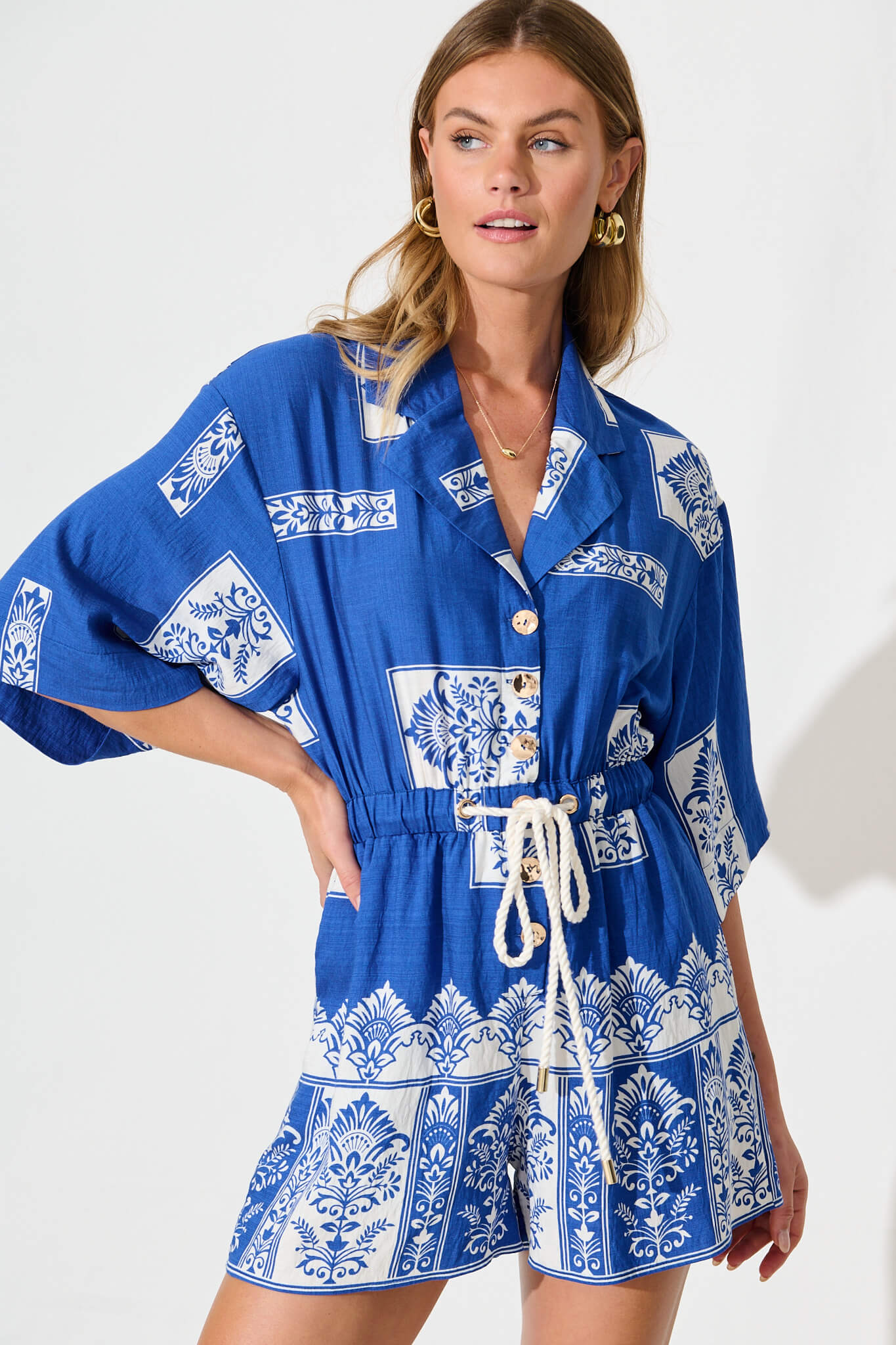 Maui Playsuit in Blue and White Border Print