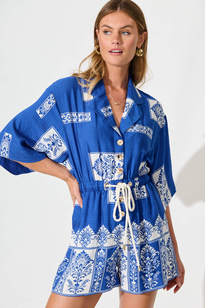 Maui Playsuit in Blue and White Border Print