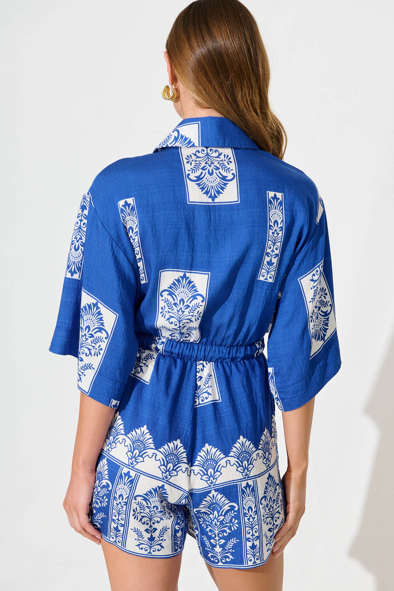 Maui Playsuit in Blue and White Border Print