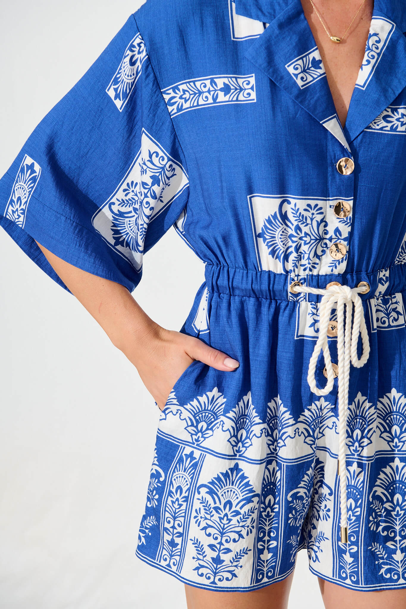 Maui Playsuit in Blue and White Border Print