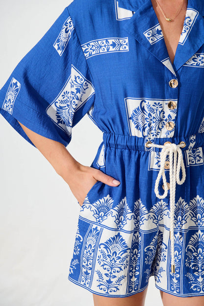 Maui Playsuit in Blue and White Border Print