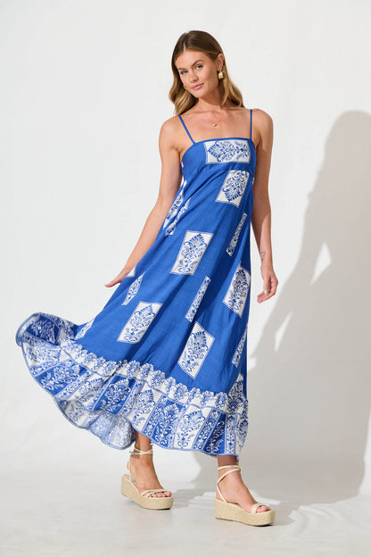 Hanalei Midi Sundress in Blue with White Print