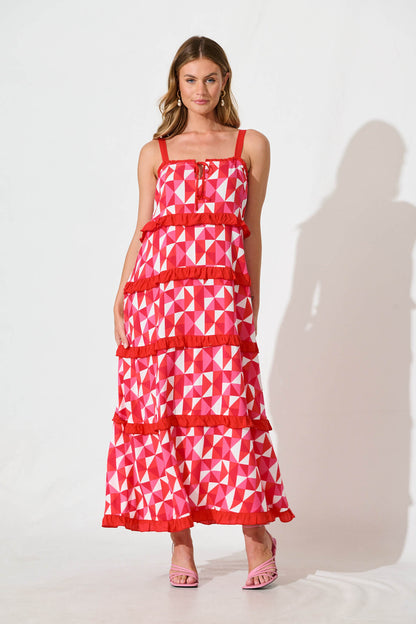 Cardelle Maxi Sundress In Pink and Red Geometric