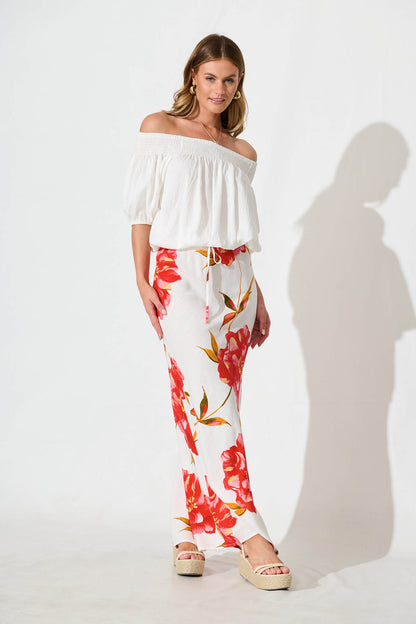 Tamina Maxi Skirt in White With Red Flower Linen Blend