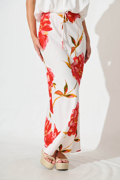 Tamina Maxi Skirt in White With Red Flower Linen Blend
