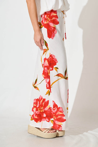 Tamina Maxi Skirt in White With Red Flower Linen Blend