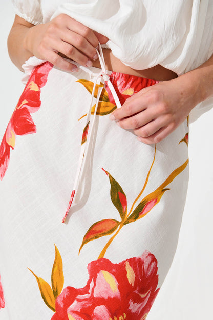 Tamina Maxi Skirt in White With Red Flower Linen Blend