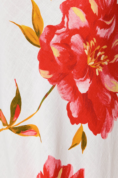 Tamina Maxi Skirt in White With Red Flower Linen Blend