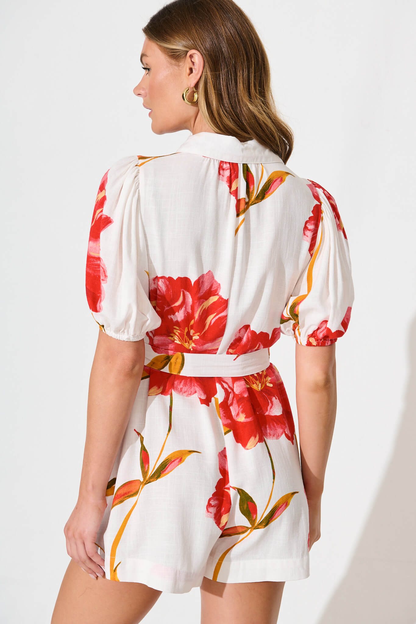 Victoria Playsuit in White With Red Flower Linen Blend