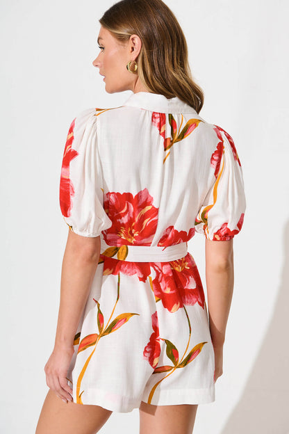 Victoria Playsuit in White With Red Flower Linen Blend