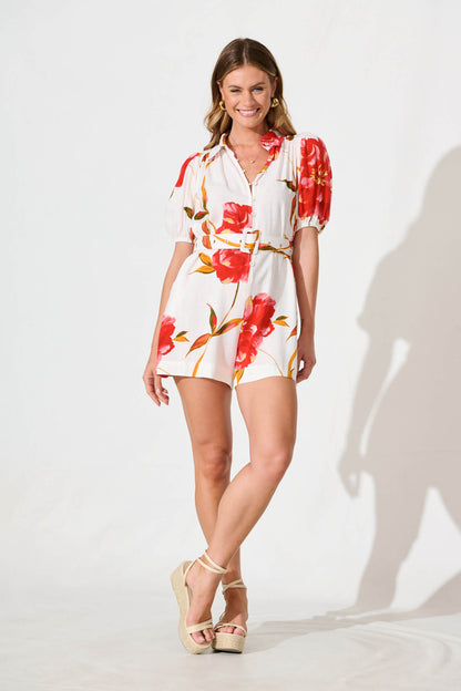Victoria Playsuit in White With Red Flower Linen Blend