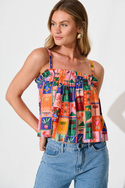 Danella Cami Top In Bright Multi Palm Linen Blend