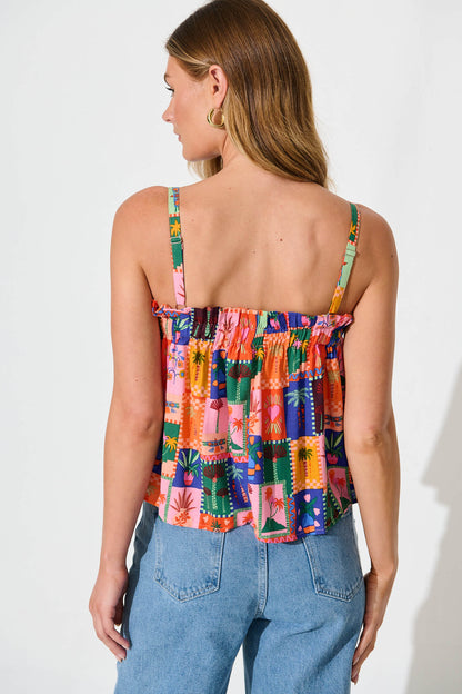 Danella Cami Top In Bright Multi Palm Linen Blend