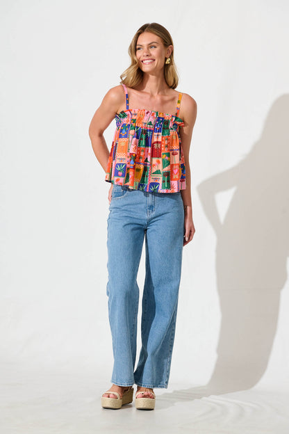 Danella Cami Top In Bright Multi Palm Linen Blend
