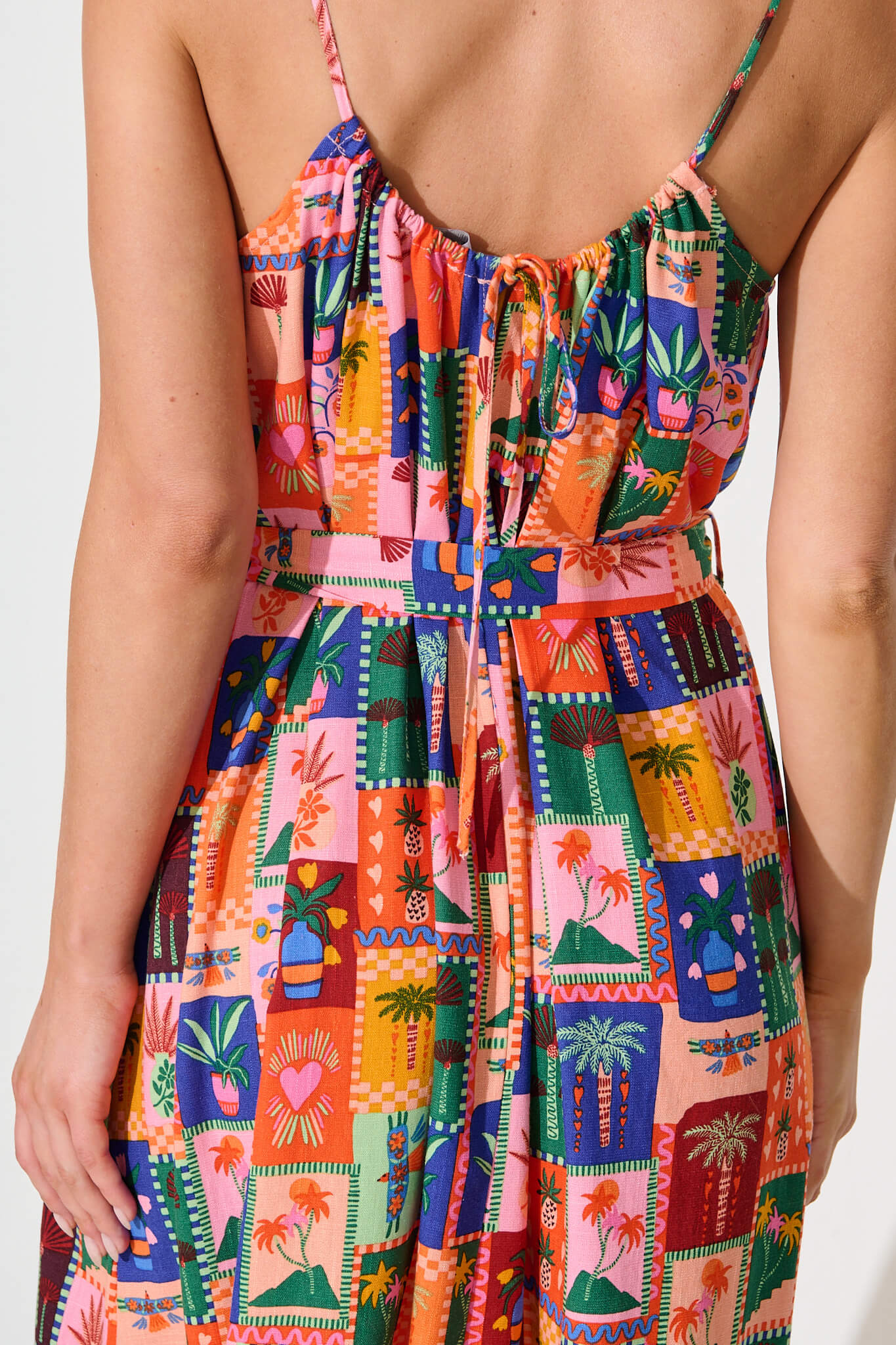 Selerina Maxi Sundress in Bright Multi Palm Linen Blend