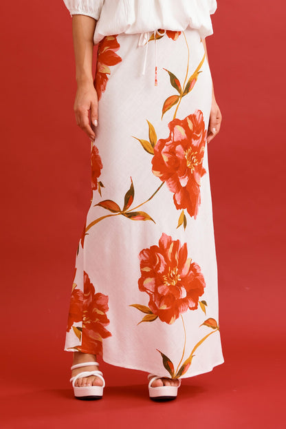 Tamina Maxi Skirt in White With Red Flower Linen Blend