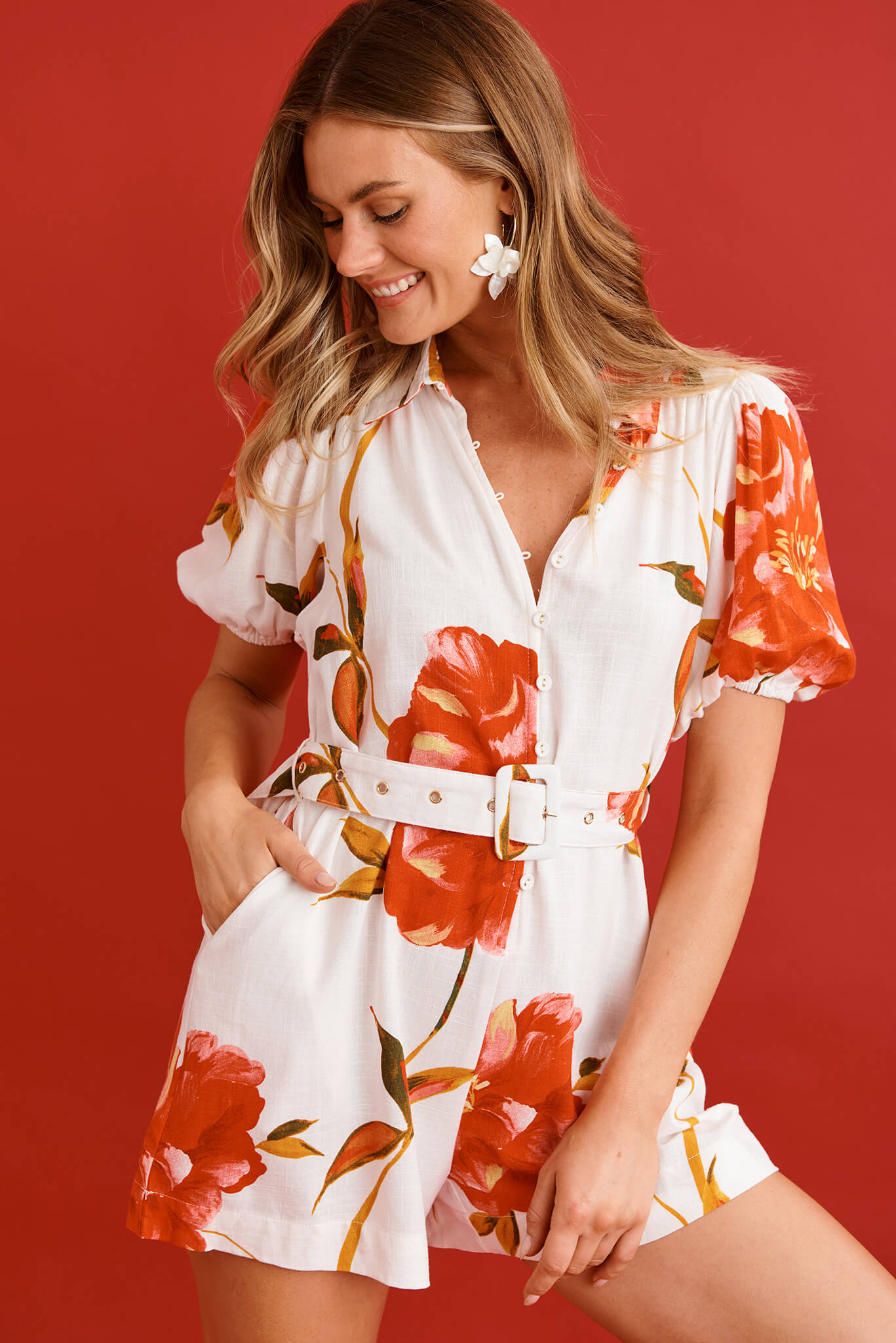 Victoria Playsuit in White With Red Flower Linen Blend