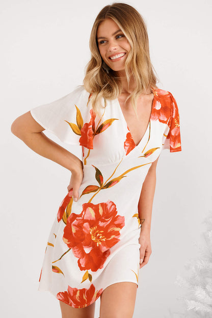 Fiory Dress in White with Red Flower Linen Blend