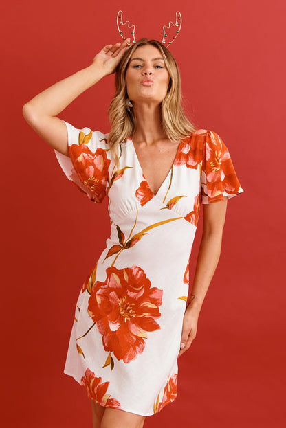 Fiory Dress in White with Red Flower Linen Blend