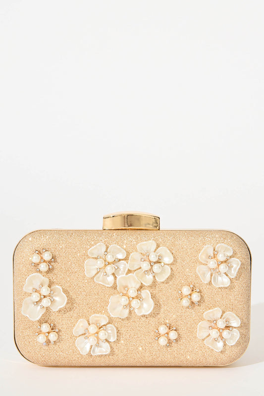 Mayenne Clutch Bag in Gold 3D Rosette