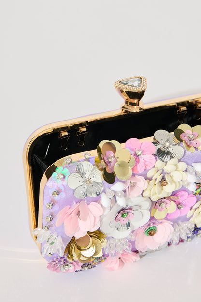 Quinn Clutch Bag in Lilac with 3D Multi Sequin Floral