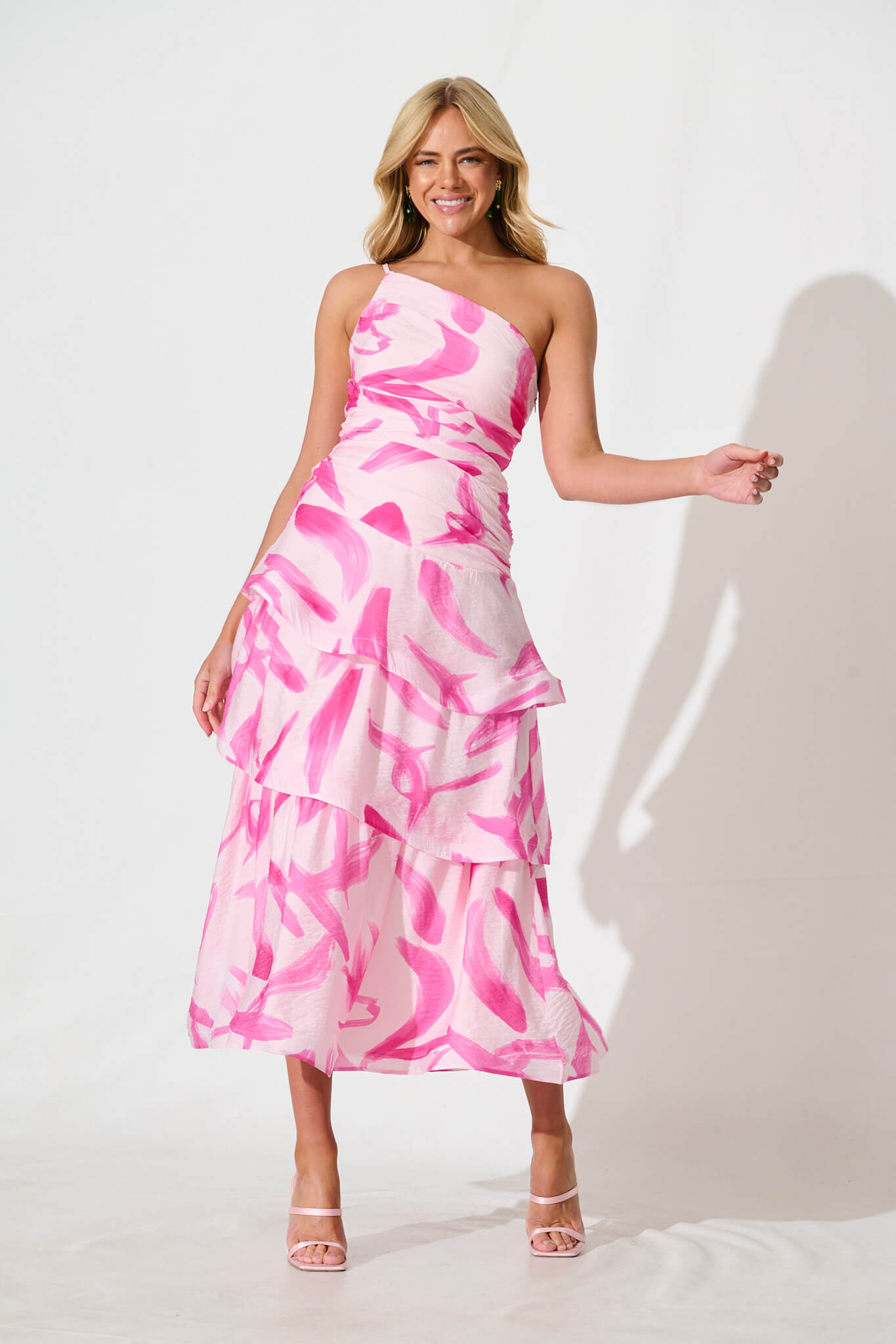 Lena One Shoulder Maxi Dress in Blush with Fuchsia Organza